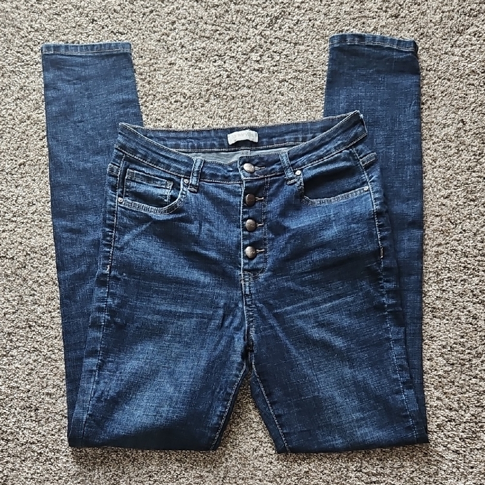 Amaryllis Button Fly Skinny Blue Jeans, Size 6